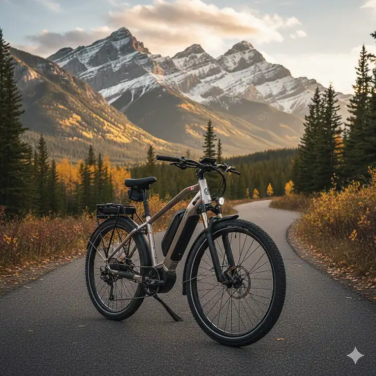 A premium all-season electric bike parked on a scenic trail with the Canadian Rockies in the background, perfect for year-round commuting.