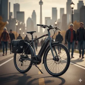 A sleek all-season electric bike equipped with integrated lights and panniers for year-round urban commuting in Toronto.