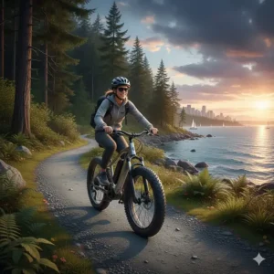Stylized artwork of an all-terrain electric bike cruising along the Pacific Spirit Regional Park trails in Vancouver, BC.