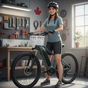 Graphic showing a rider wearing a helmet next to an all-terrain electric bike with safety icons in English and French.