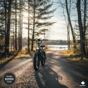 A rugged fat tire electric bike under $2000 parked on a gravel trail in rural Ontario.