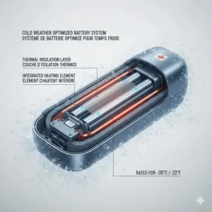 Technical diagram showing an all-terrain electric bike battery system optimized for cold Canadian winter temperatures.