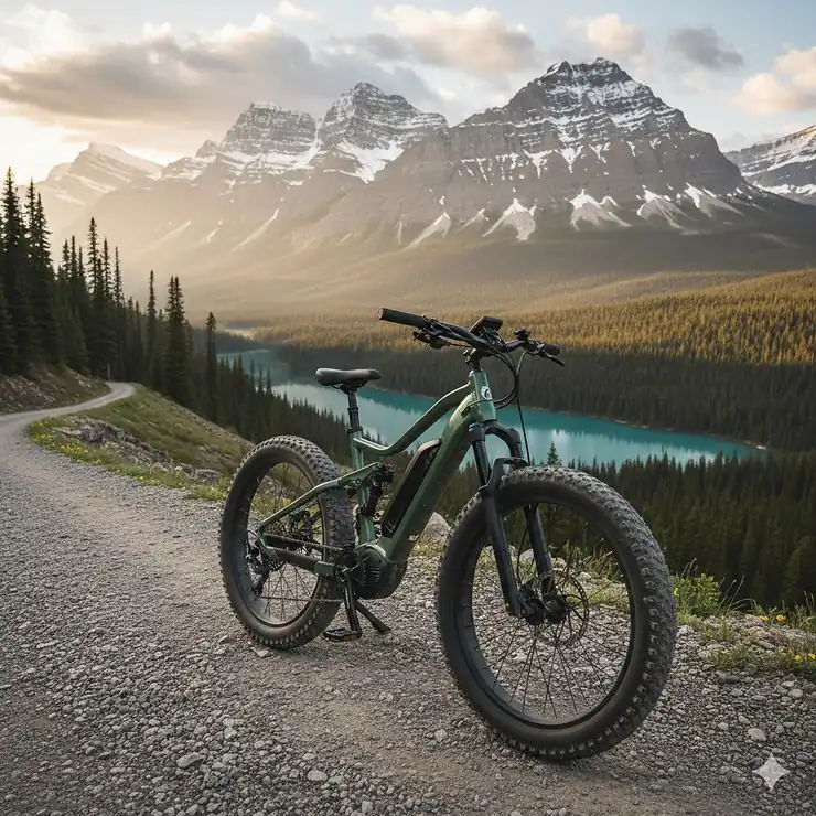 A premium all-terrain electric bike parked on a mountain trail in the Canadian Rockies with pine trees and peaks in the background.