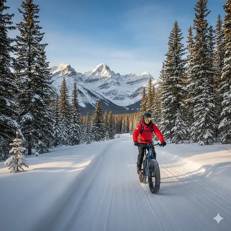 A person riding a powerful fat tire e-bike through a snowy pine forest in Canada, demonstrating winter stability and traction. fat tire e-bikes