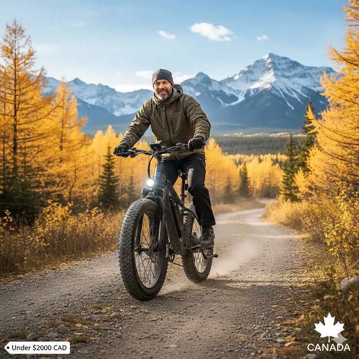 A rider enjoying a value fat tire electric bike under $2000 on a scenic trail in the Canadian Rockies during autumn.