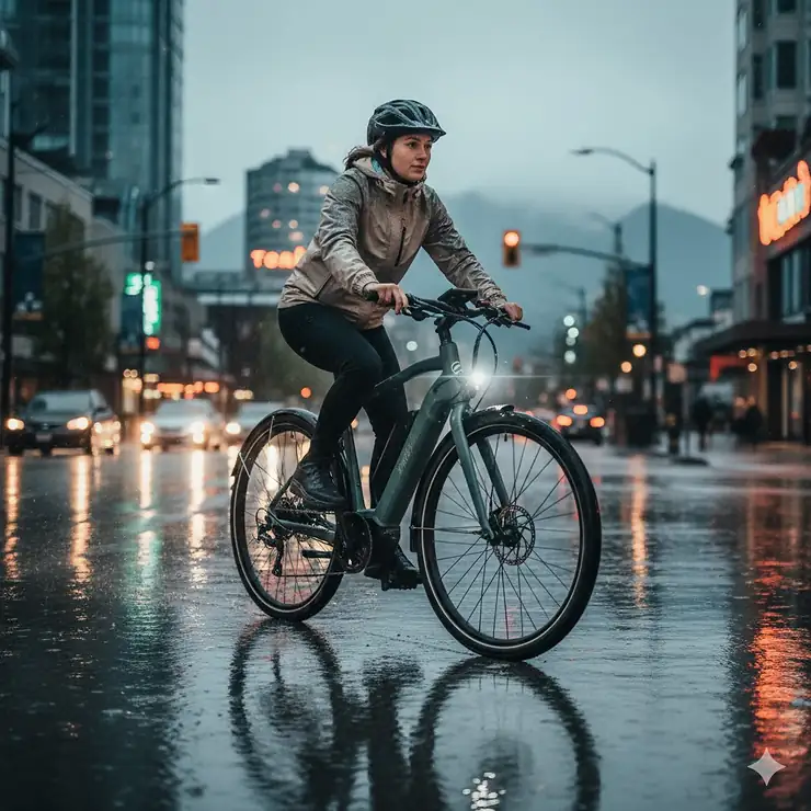 A cyclist riding a waterproof electric bike through a rainy city street in Canada, highlighting durable components and weather-sealed motor.