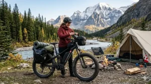 A suspension fat tire e-bike loaded with camping gear for a Canadian wilderness adventure.