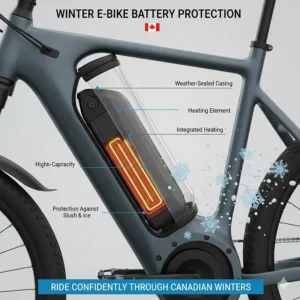 Graphic featuring a waterproof electric bike with bilingual English and French text saying All-Weather Performance and Performance par tout temps.