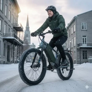 An infographic for winter e-bikes in Canada featuring bilingual EN/FR tips for cold-weather maintenance.
