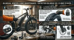 Maintenance tips for studded tires on fat tire e-bikes featuring English and French (pneus cloutés) text for the Canadian market.