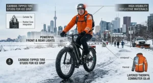 Illustration of a commuter in Toronto using studded tires for fat tire e-bikes alongside thermal gear and high-visibility lights.