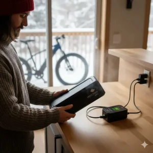 A Canadian rider removing an e-bike battery to charge it indoors, a key tip for e-bike use in -20 Celsius environments.