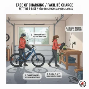 Illustration of a fat tire e-bike charging in a Canadian garage, highlighting ease of use and battery portability.