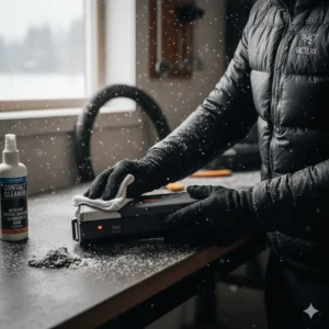 Wiping down e-bike battery contact points to remove Canadian road salt and winter slush buildup.