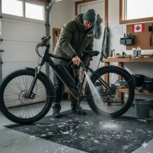 A person cleaning road salt off a winter e-bike frame to prevent corrosion after a snowy ride in Ottawa.