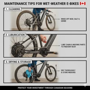 Commuter using a waterproof electric bike in Vancouver with full fenders and integrated lighting for visibility in wet weather.