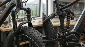 Close-up technical illustration of the front and rear suspension system on a fat tire electric bike.