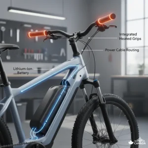 Technical diagram showing how e-bike heated grips draw power directly from the main lithium-ion battery.