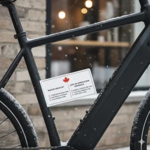 A safety checklist for e-bike battery winter care featuring English and French bilingual instructions.