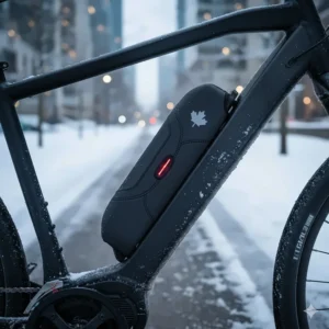 Neoprene thermal sleeve on an e-bike battery to maintain operating temperature during a Canadian winter commute.