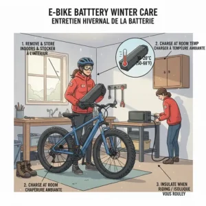 Diagram showing how to protect fat tire e-bike batteries from extreme Canadian cold and freezing temperatures.
