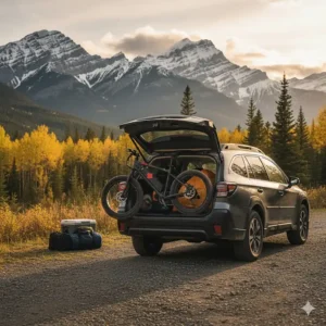 Illustration of a 20x4 fat tire e-bike folding into the trunk of an SUV for a camping trip in the Canadian Rockies.
