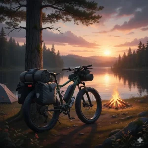 Illustration of an all-terrain electric bike equipped with panniers and camping gear parked near an Ontario lakeside campsite.