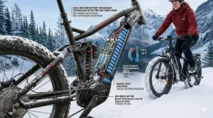 Diagram showing how a suspension fat tire e-bike battery maintains power in cold Canadian climates.