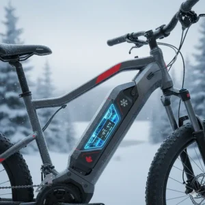 An illustration showing the insulated battery of an all-season electric bike, optimized for Canadian winter temperatures.