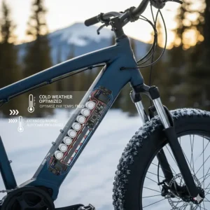 Illustration of a long-range battery optimized for a 26x4 fat tire electric bike in cold Canadian climates.