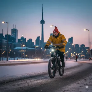 A cyclist commuting on an e-bike for -20 Celsius with the Toronto skyline in the background, wearing high-visibility winter gear.