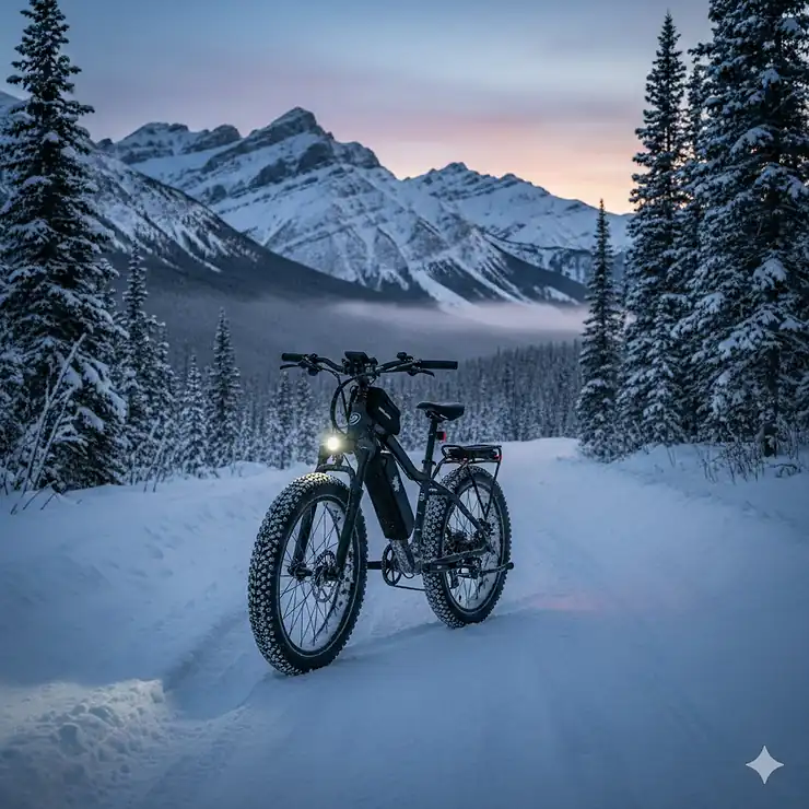 A fat-tire e-bike for -20 Celsius parked on a snowy trail in the Canadian Rockies, showing integrated battery and winter-ready components. studded tires for fat tire e-bikes