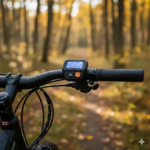 Close-up of e-bike handlebar controls showing the activation button for integrated heated grips.