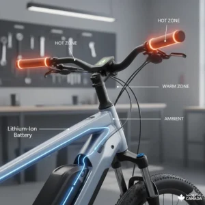 Thermal map illustration showing even heat distribution across e-bike handlebar grips.