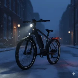 Illustration of the high-visibility LED lighting system on an all-season electric bike for dark Canadian winter afternoons.