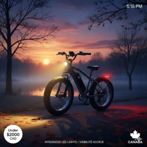 Detailed illustration of integrated LED lights on an affordable fat tire e-bike for visibility during early Canadian sunsets.