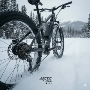 A powerful mid-drive motor powering an e-bike for -20 Celsius through deep snow on a backcountry trail.