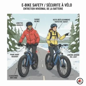 Illustration of essential e-bike safety gear with bilingual labels in English and French.