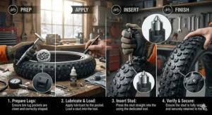 Step-by-step graphic demonstrating how to manually install studs into fat tire e-bike lugs for DIY winter prep.