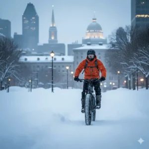 Illustration of a rider on an all-terrain electric bike with fat tires navigating a snowy urban path in Montreal, Quebec.