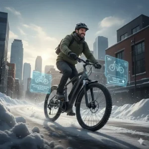 Step-by-step illustration showing how to clean road salt and slush off a winter e-bike drivetrain in Canada.