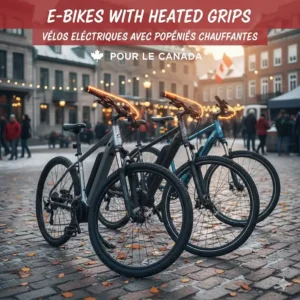 Graphic featuring e-bikes with heated grips (poignées chauffantes) for the Canadian market.