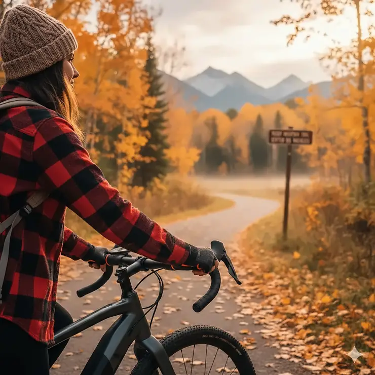 A cyclist enjoying a crisp autumn ride in Canada on an e-bike with heated grips for cold weather comfort.