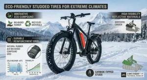 Concept art of eco-conscious studded tires for fat tire e-bikes designed for durability in harsh Northern Canadian climates.