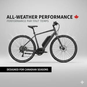 Close-up illustration of heavy-duty fenders on a waterproof electric bike preventing water splash for Canadian all-season riders.