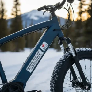 Close-up of a 26x4 fat tire electric bike with bilingual English and French safety labels for the Canadian market.