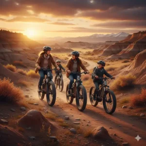 Vibrant illustration of a family exploring the Alberta badlands on multiple all-terrain electric bikes during autumn.