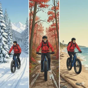 Illustration showing a fat tire e-bike performing in Canadian snow, mud, and sand conditions.