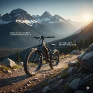 Illustration of a rugged 26x4 fat tire electric bike climbing a steep mountain trail in British Columbia.