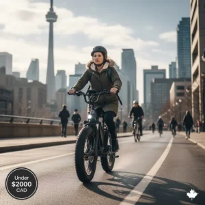 A commuter using a value-priced fat tire electric bike to navigate urban bike lanes in downtown Toronto.